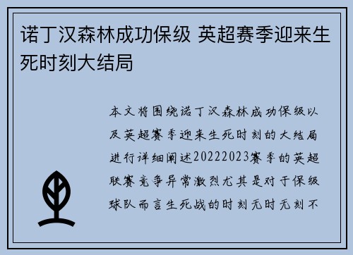 诺丁汉森林成功保级 英超赛季迎来生死时刻大结局